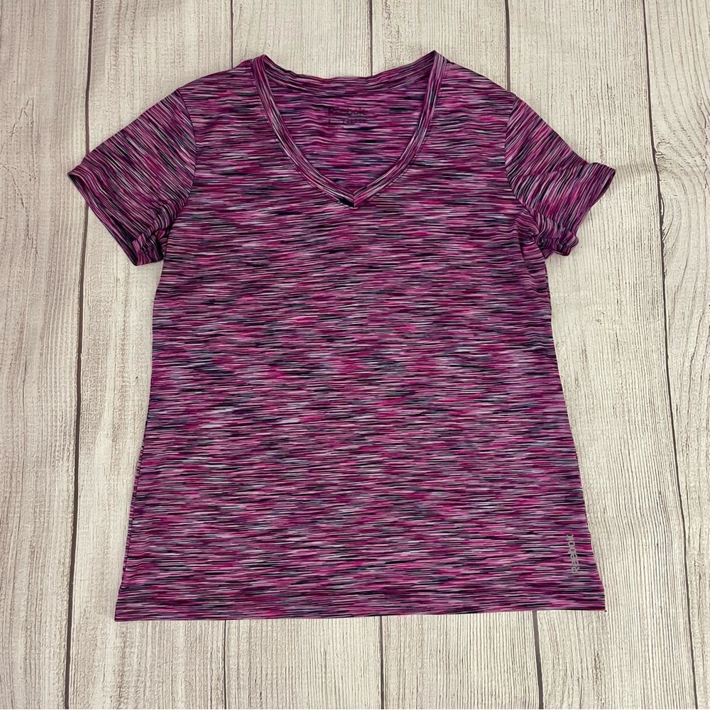 REEBOK Women's V Neck Athletic Fitness Shirt Purple Pink Black Size Large